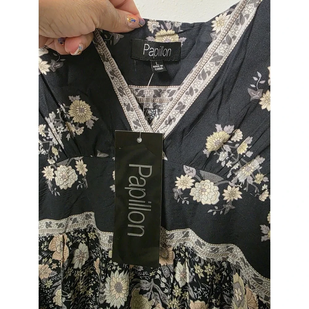 Papillon Boho Floral Maxi Dress Women's L–100% Viscose, Tie-Sleeve, V-Neck,‎ NWT - Picture 5 of 9